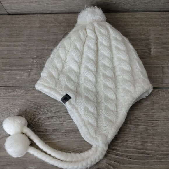 The North Face Beanie Womens White Fuzzy Earflap Cable Knit Hat OS Pom Tassles - Picture 7 of 9